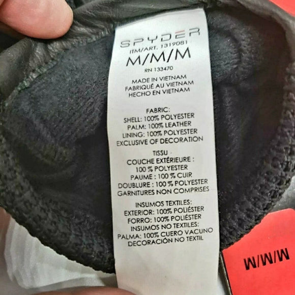 Spyder Leather Palm Gloves, Black; Item # 1319081 Size: M, Medium; NEW - Picture 9 of 10